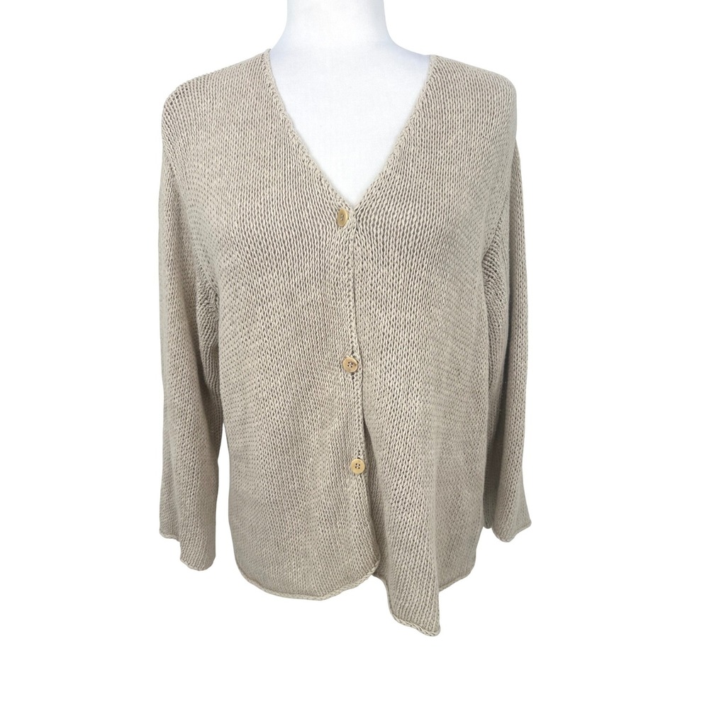 Eileen Fisher Button Linen Blend Cardigan L Beige Open Knit Coastal Minimalist